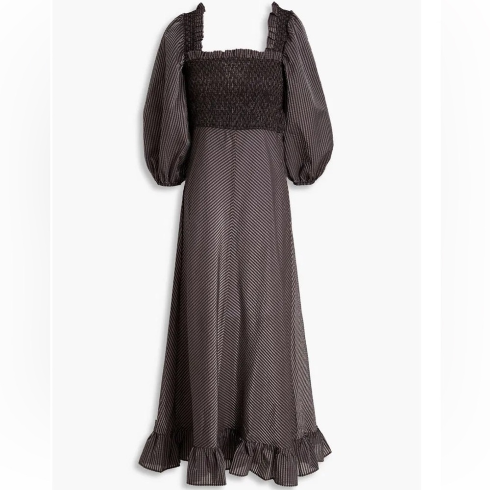 Ganni Black and Gray Smocked Ruffled Shirred Gingham Seersucker Dress Sz8 New
